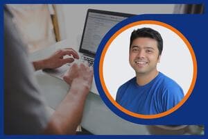 Professional digital marketer working on a laptop with campaign analytics beside an instructor portrait. Represents Facebook advertising, social media marketing, audience targeting, campaign management, and digital marketing training.